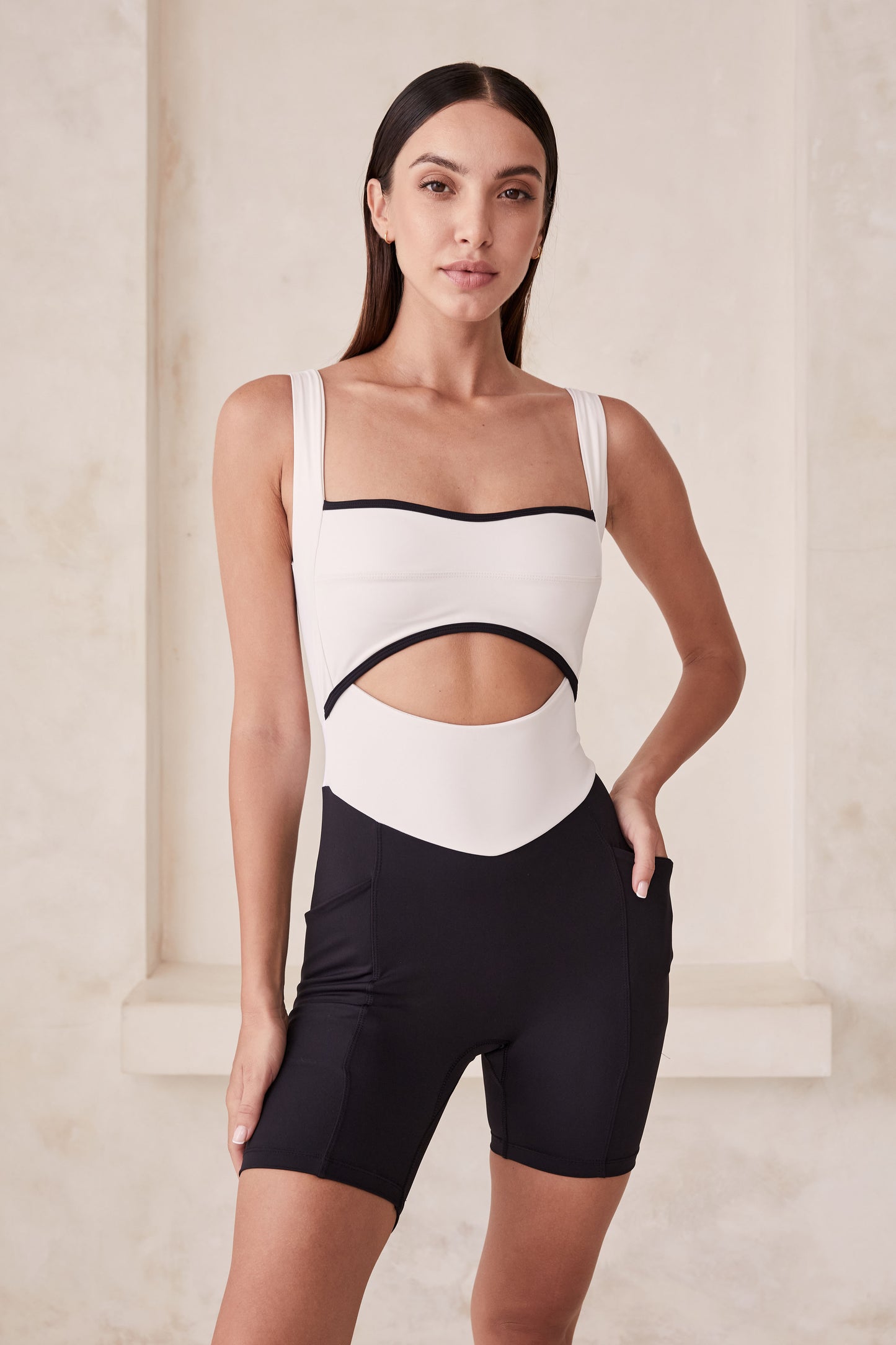 Capri Cutout Short Bodysuit With Pockets - Ivory/Black