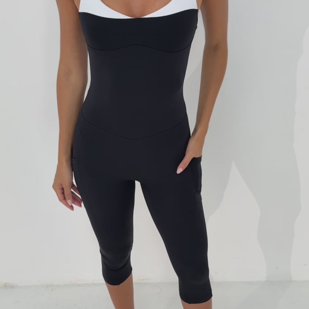
                      
                        Load and play video in Gallery viewer, Margo Two Tone Capri Bodysuit - Black/White
                      
                    