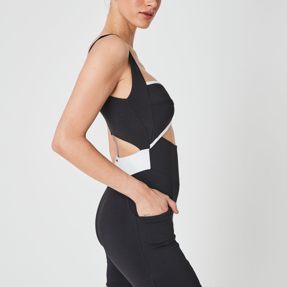 
                      
                        Capri Cutout Short Bodysuit With Pockets - Matte Black/White
                      
                    