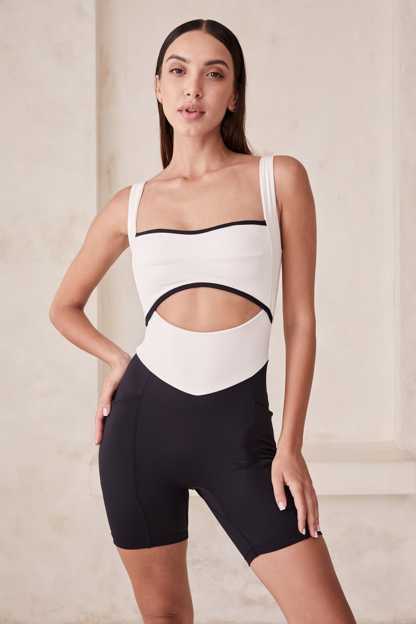 Capri Cutout Short Bodysuit With Pockets - Ivory/Black